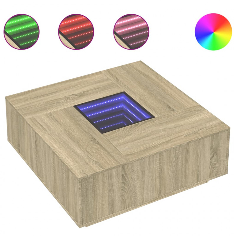 Stolik kawowy z LED Infinity, dąb sonoma, 100x100x40 cm