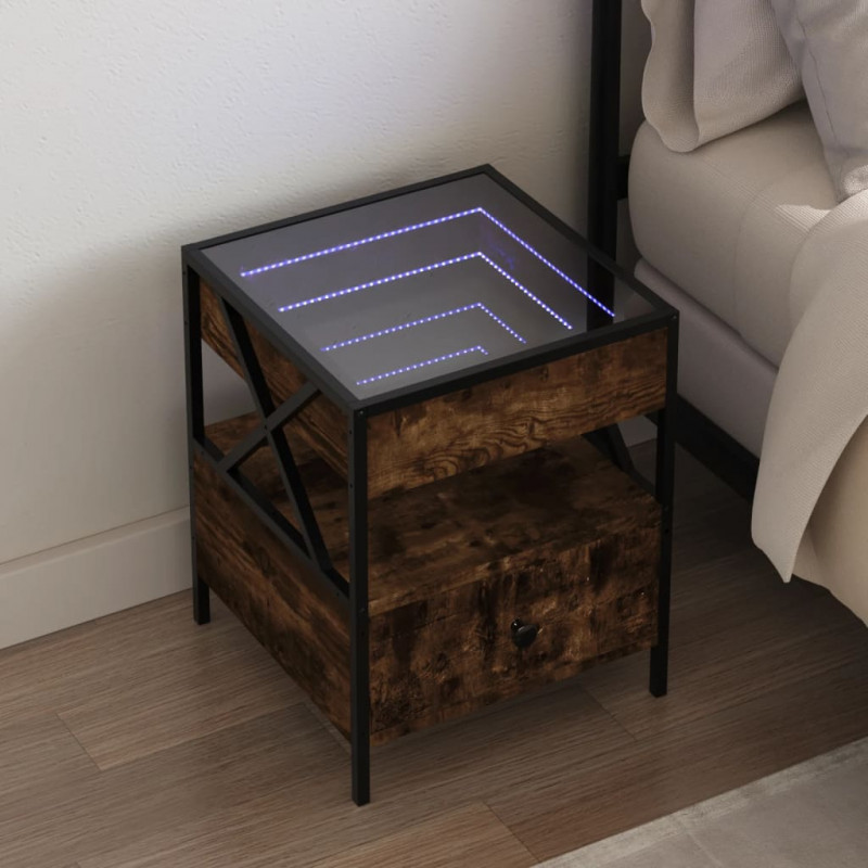Stolik nocny z LED Infinity, przydymiony dąb, 40x40x51 cm