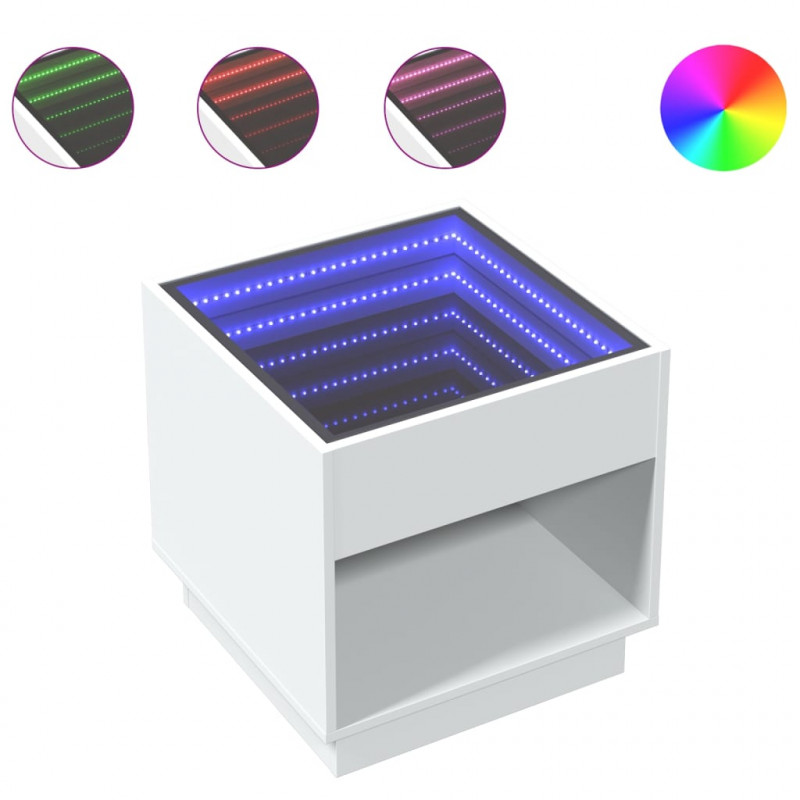 Stolik nocny z LED Infinity, biały, 50x50x50 cm
