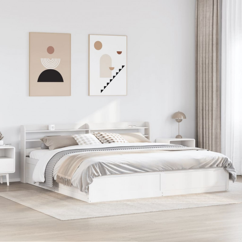 Rama łóżka z wezgłowiem, biała, 200x200 cm, lite drewno sosnowe