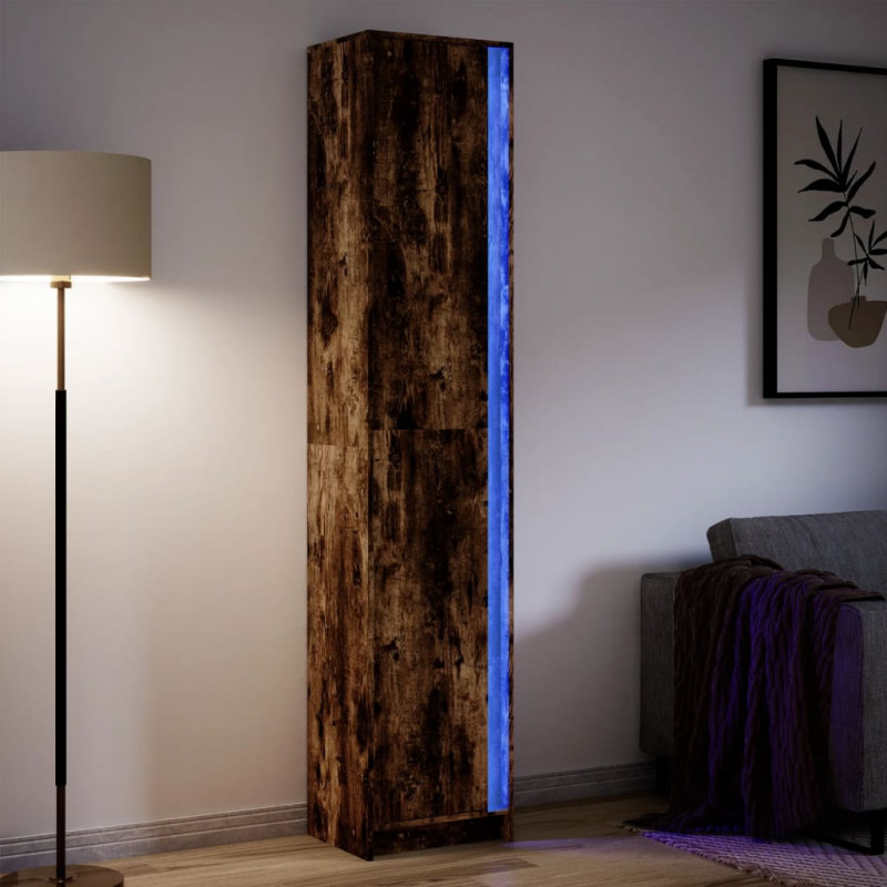 Wysoka szafka z LED, przydymiony dąb, 41,5x32,5x200 cm