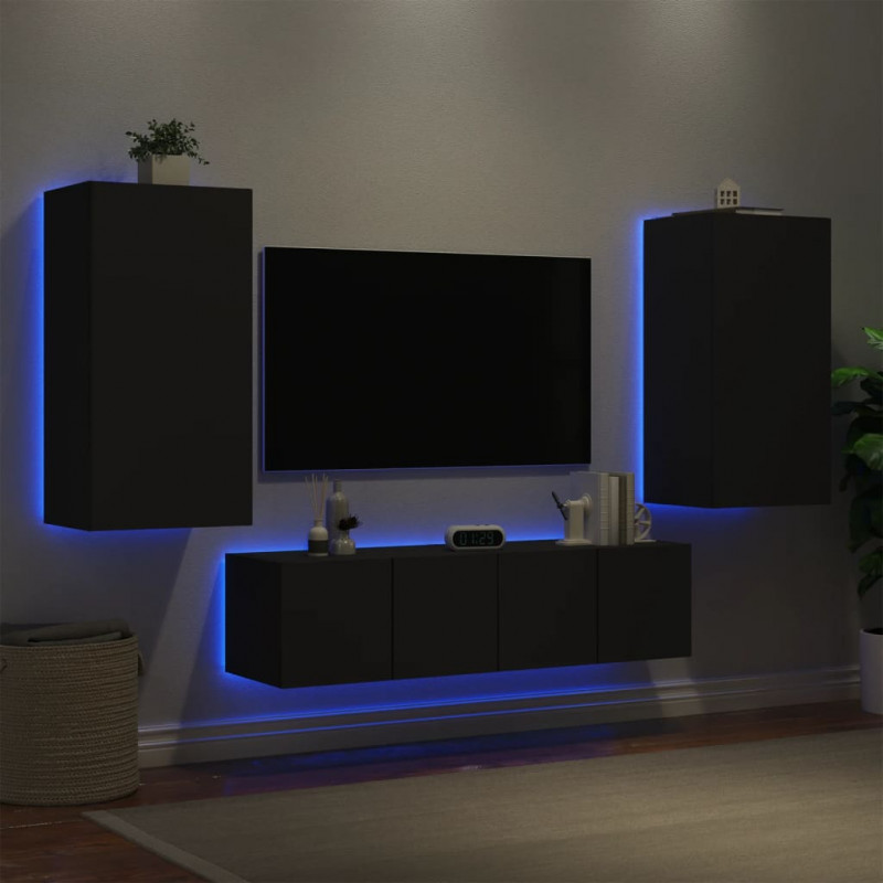 4-cz. zestaw mebli TV z LED, czarny, materiał drewnopochodny