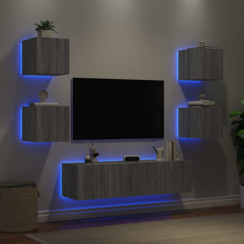 6-częściowy zestaw mebli TV z LED, szary dąb sonoma