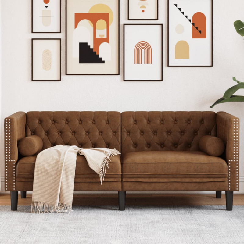 Sofa Chesterfield z wałkami, 2-os., brązowa, sztuczny zamsz