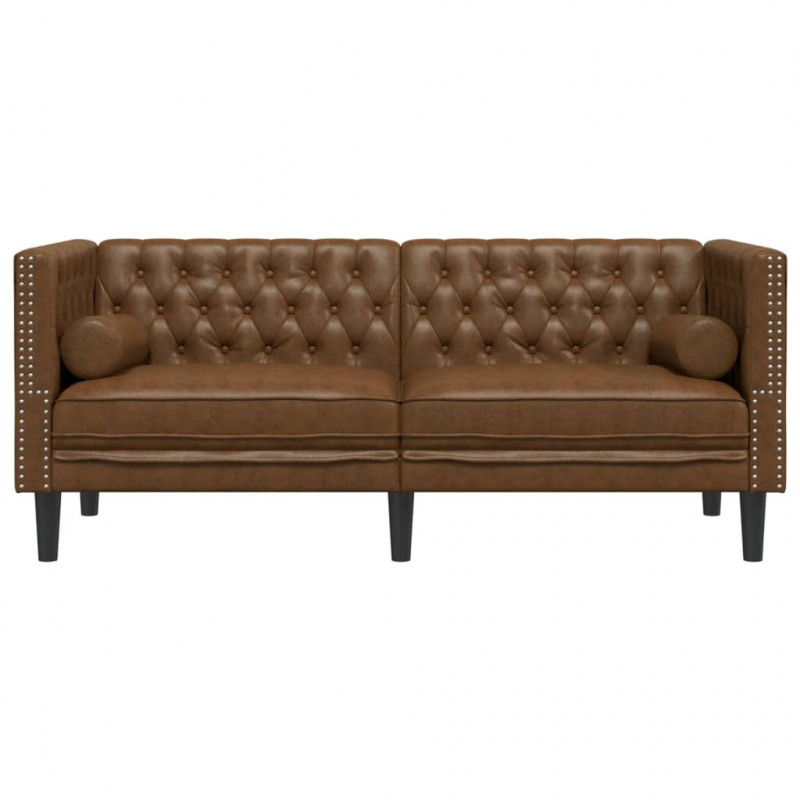 Sofa Chesterfield z wałkami, 2-os., brązowa, sztuczny zamsz