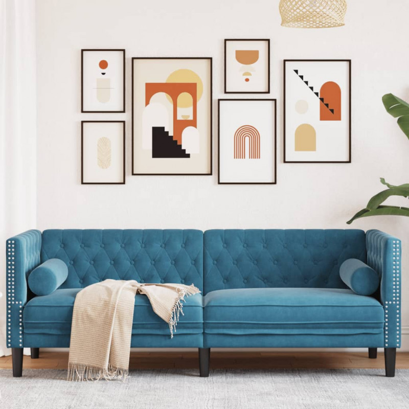 Sofa Chesterfield z wałkami, trzyosobowa, niebieska, aksamit