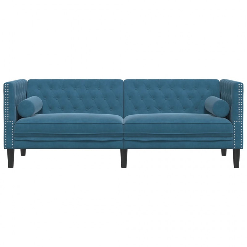 Sofa Chesterfield z wałkami, trzyosobowa, niebieska, aksamit