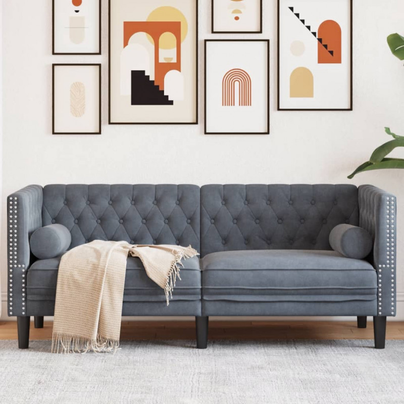 Sofa Chesterfield z wałkami, dwuosobowa, ciemnoszara, aksamit