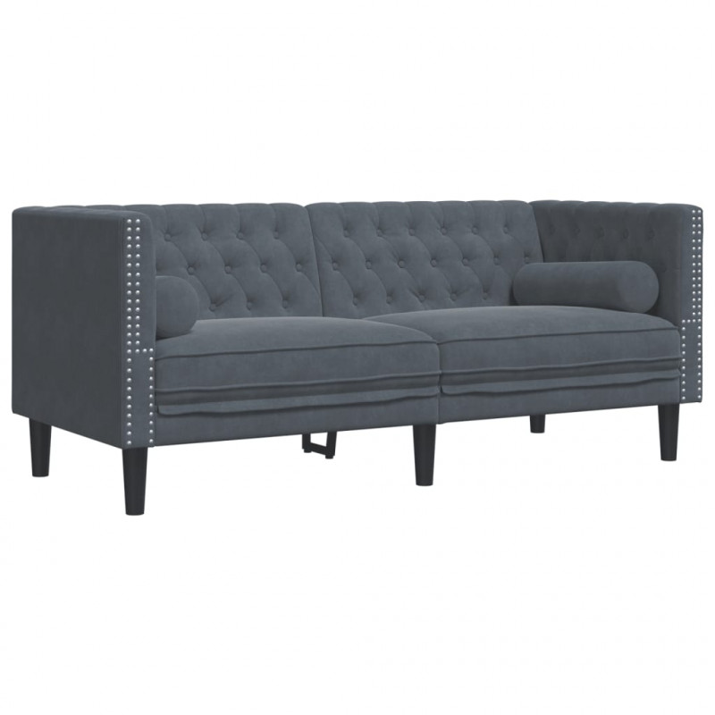 Sofa Chesterfield z wałkami, dwuosobowa, ciemnoszara, aksamit