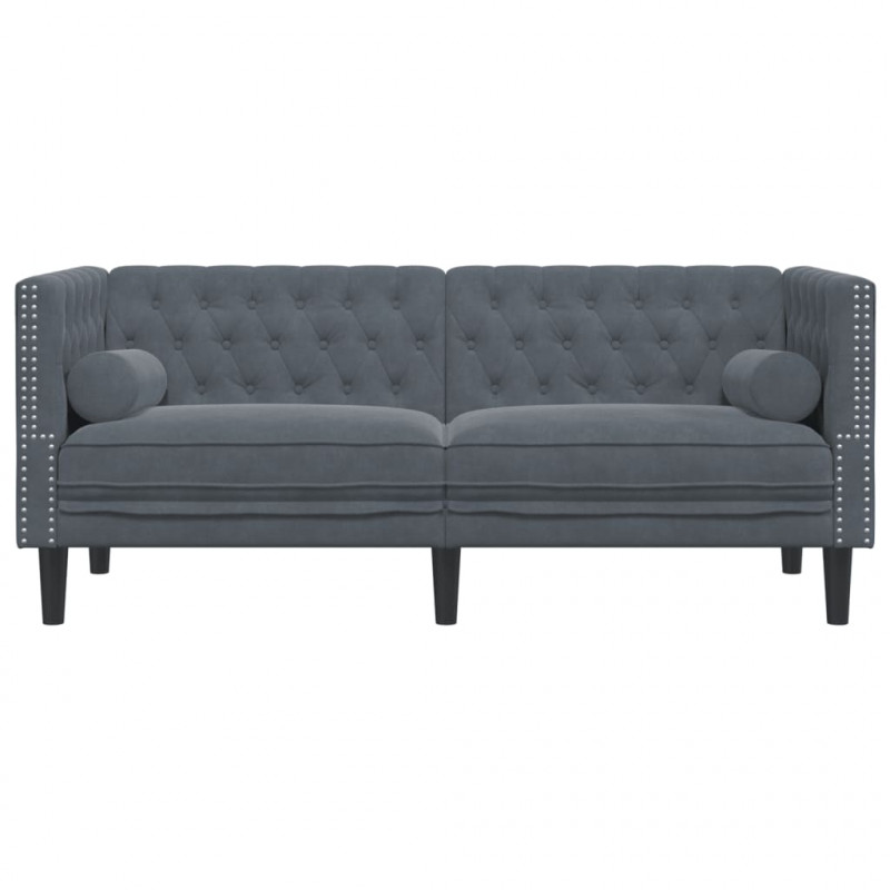 Sofa Chesterfield z wałkami, dwuosobowa, ciemnoszara, aksamit