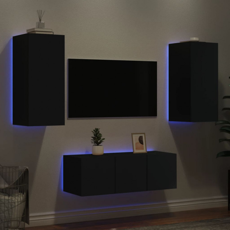 4-cz. zestaw mebli TV z LED, czarny, materiał drewnopochodny