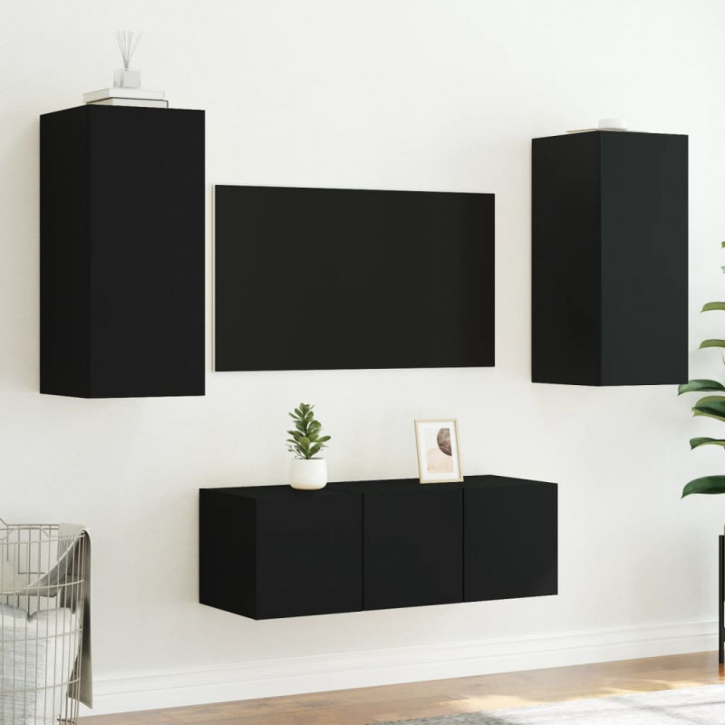 4-cz. zestaw mebli TV z LED, czarny, materiał drewnopochodny
