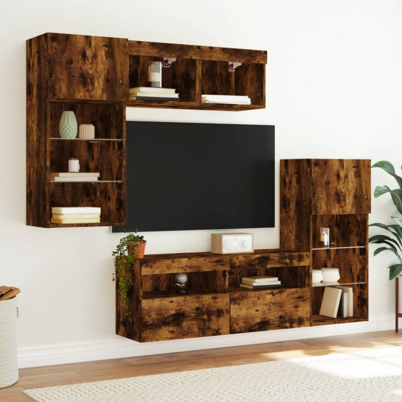 5-częściowy zestaw mebli TV z LED, przydymiony dąb