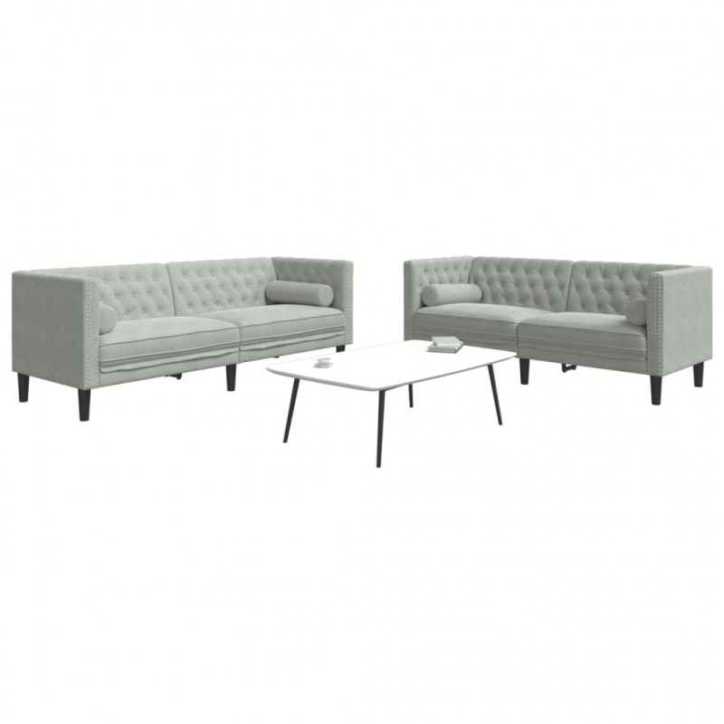 2-cz. wypoczynek Chesterfield z wałkami, jasnoszary, aksamit