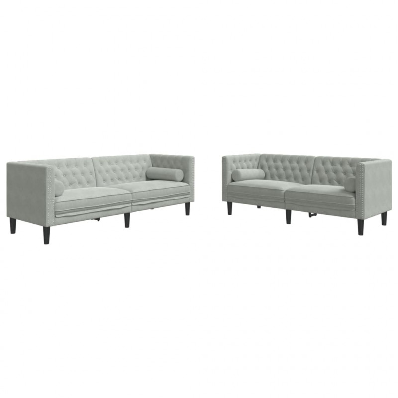 2-cz. wypoczynek Chesterfield z wałkami, jasnoszary, aksamit