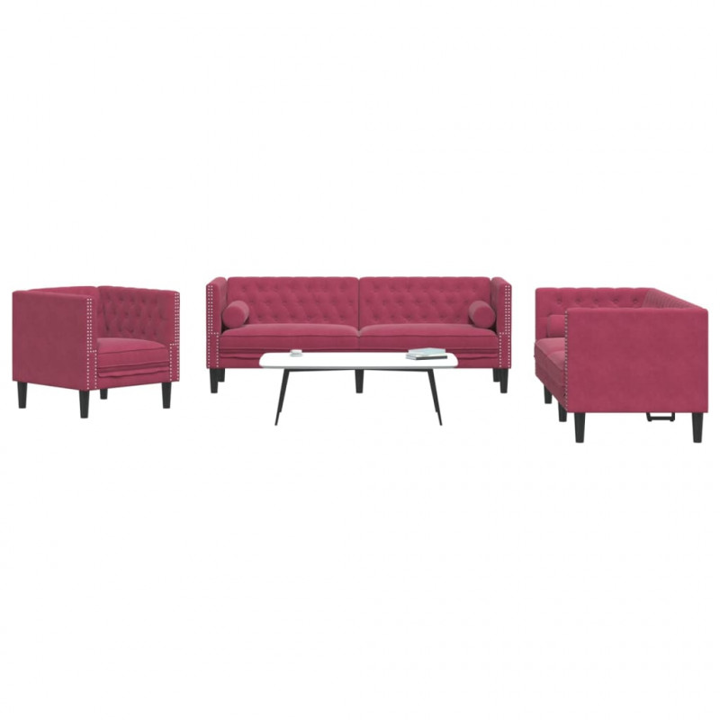 3-cz. wypoczynek Chesterfield z wałkami, bordowy, aksamit