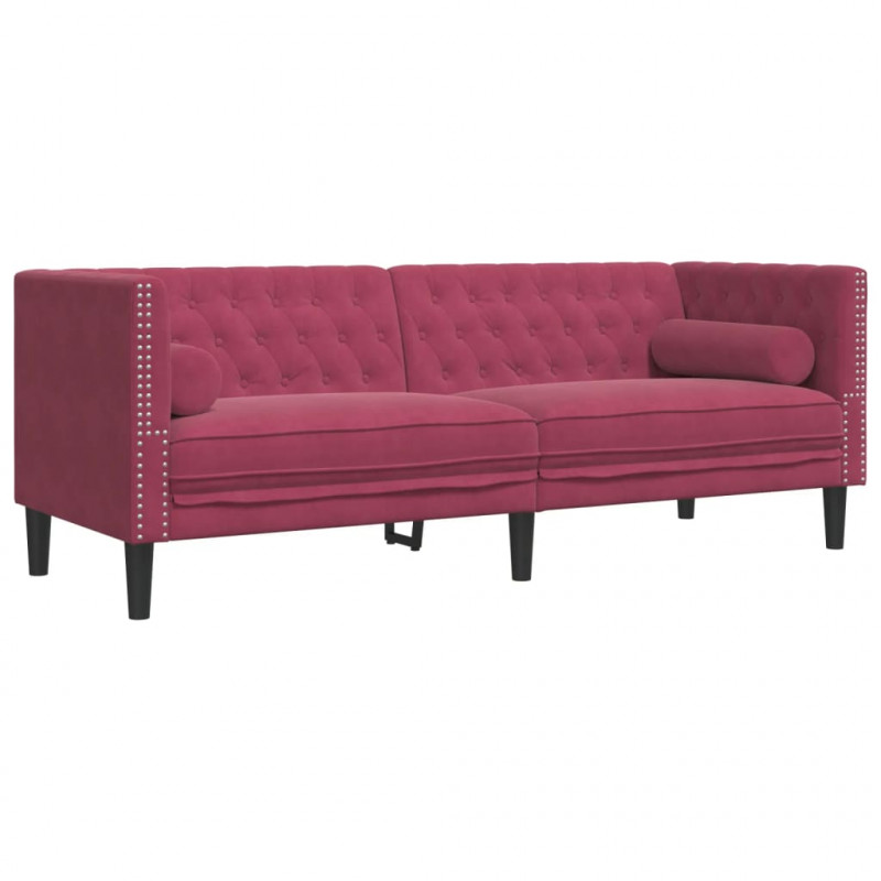 3-cz. wypoczynek Chesterfield z wałkami, bordowy, aksamit