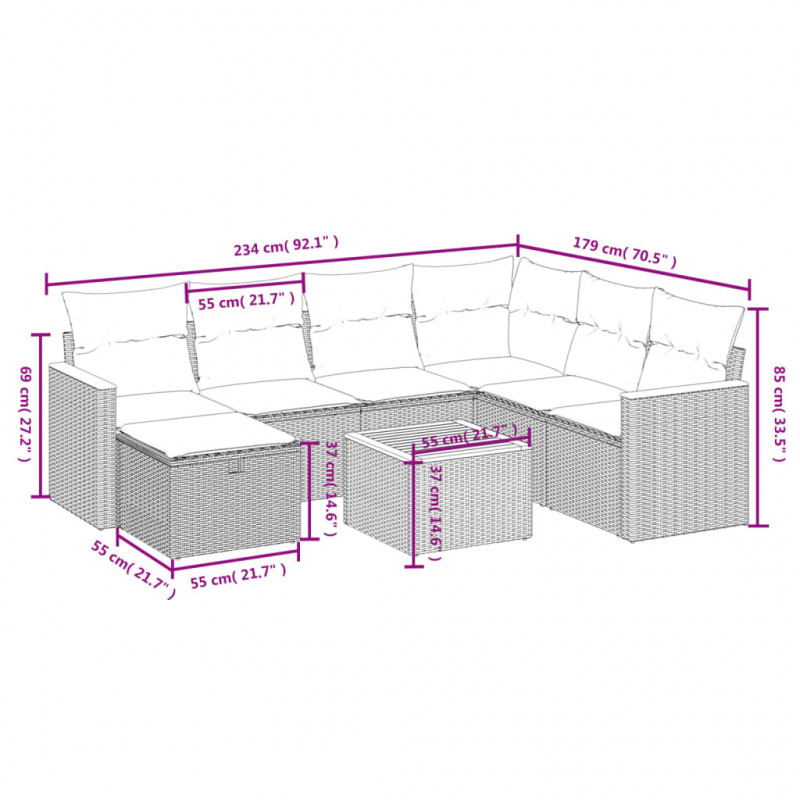 8-cz. zestaw mebli ogrodowych z poduszkami, szary, polirattan