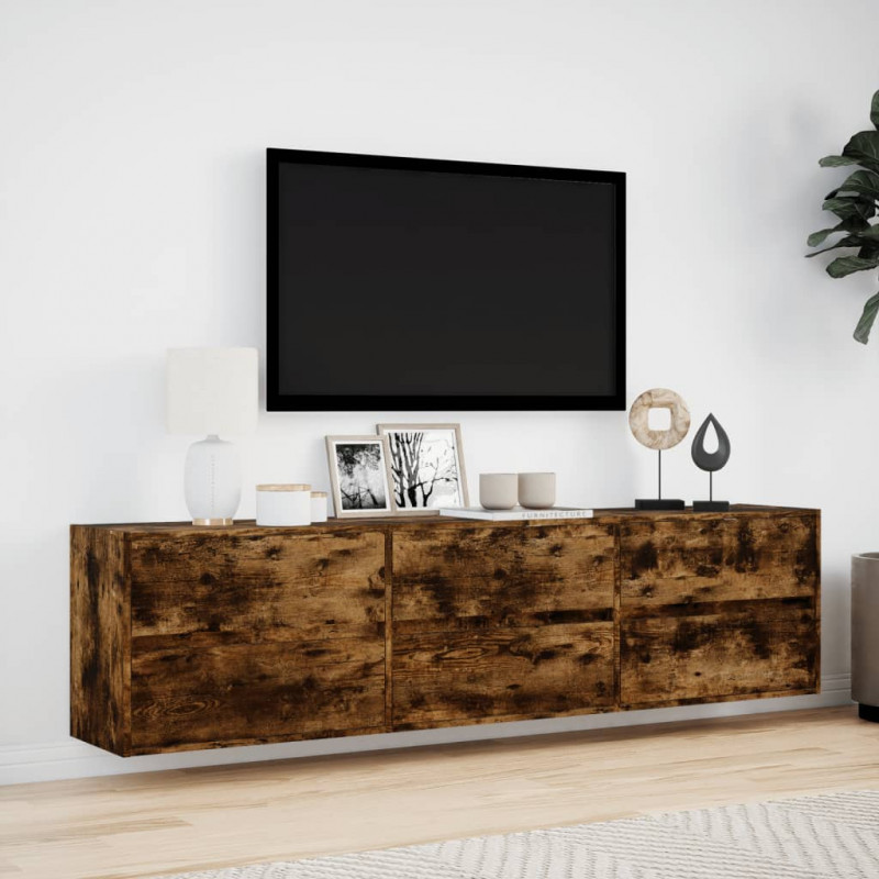 Ścienna szafka pod TV, z LED, przydymiony dąb, 180x31x45 cm