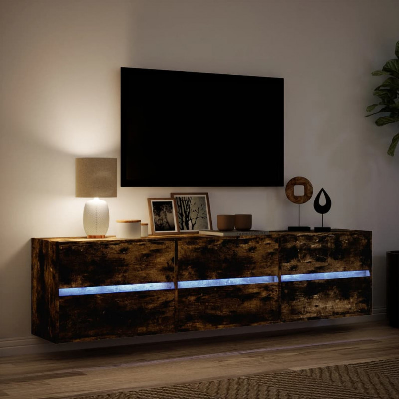 Ścienna szafka pod TV, z LED, przydymiony dąb, 180x31x45 cm