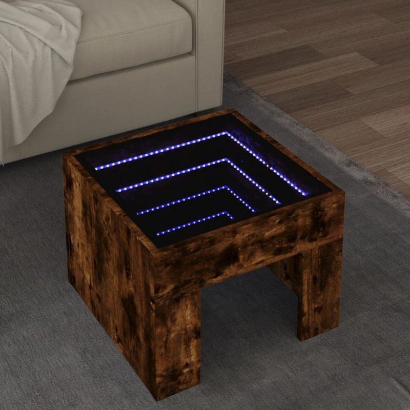Stolik kawowy z LED Infinity, przydymiony dąb, 40x40x30 cm