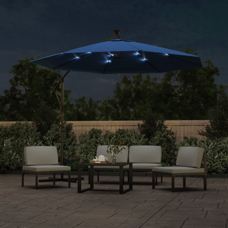 Parasol wiszący z LED i stalowym słupkiem, 300 cm, niebieski