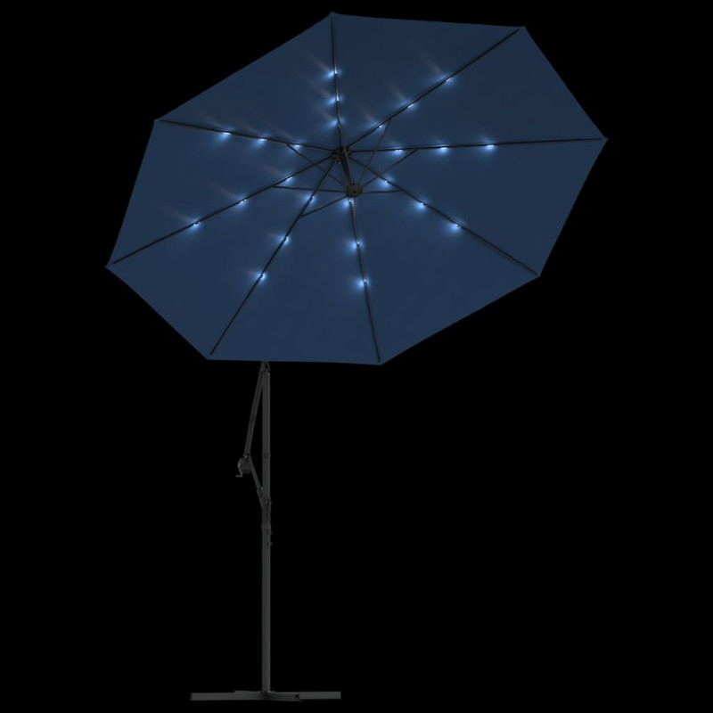 Parasol wiszący z LED i stalowym słupkiem, 300 cm, niebieski