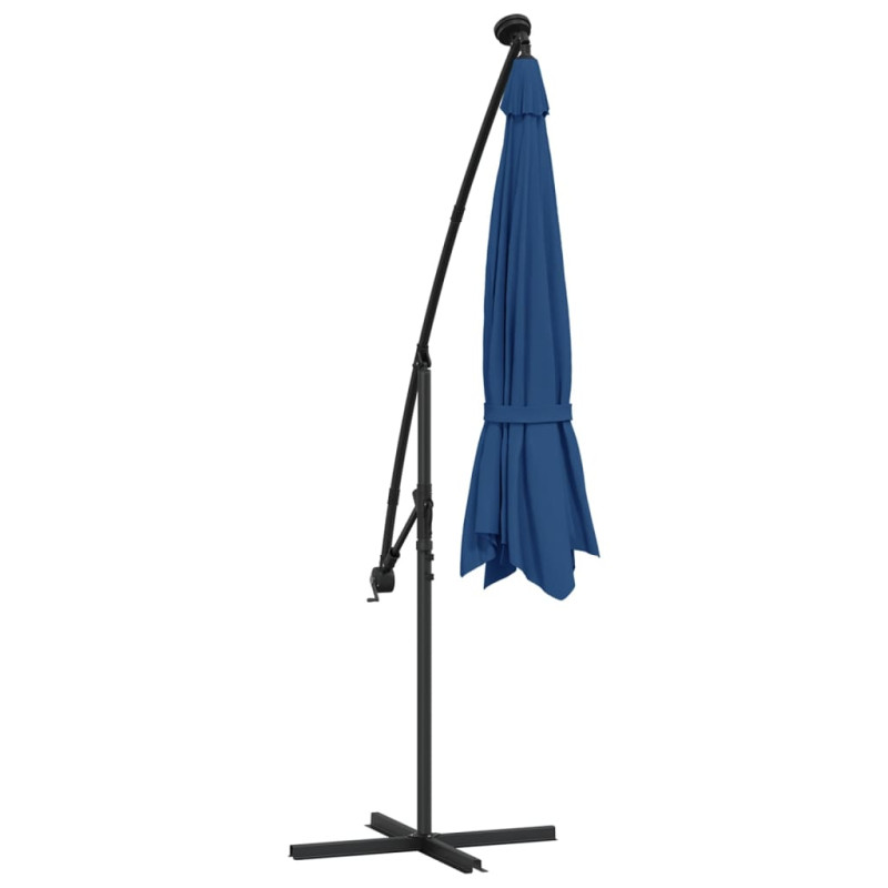 Parasol wiszący z LED i stalowym słupkiem, 300 cm, niebieski