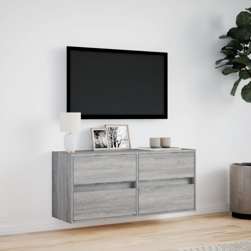 Ścienna szafka TV z LED, szary dąb sonoma, 100x31x45 cm