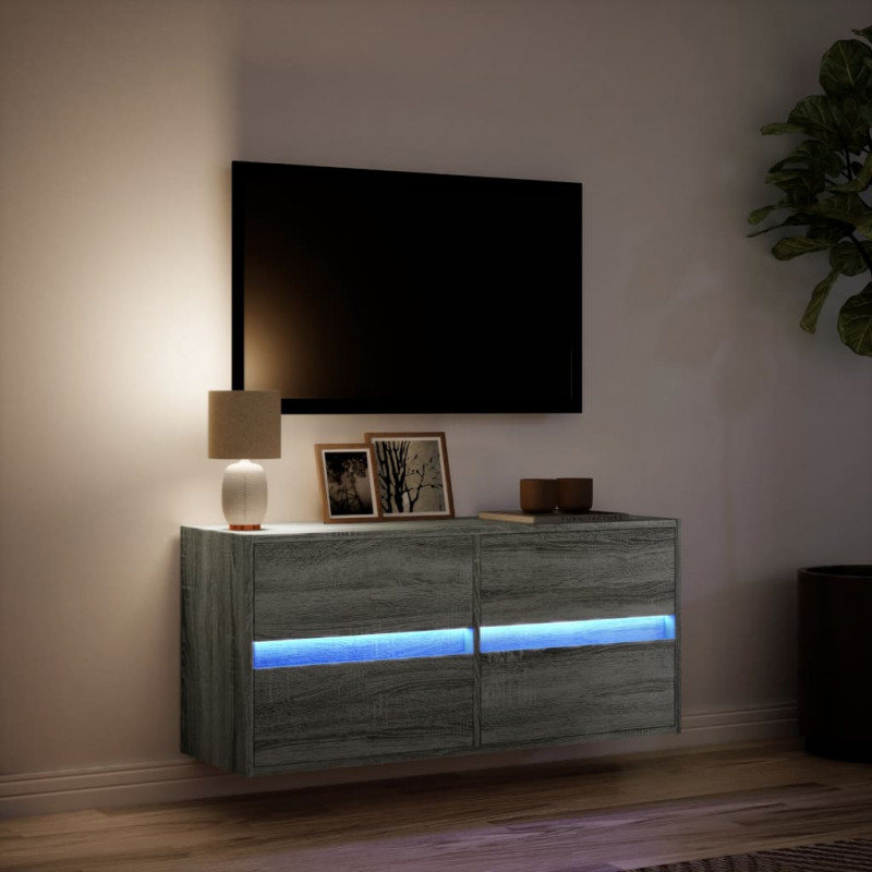 Ścienna szafka TV z LED, szary dąb sonoma, 100x31x45 cm