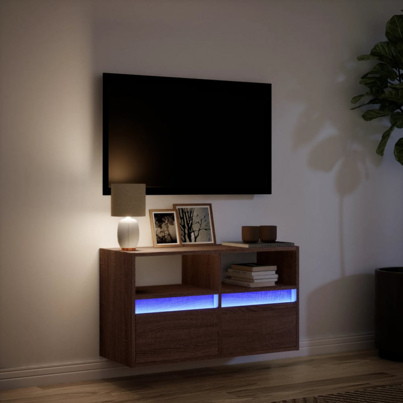 Ścienna szafka TV z LED, brązowy dąb, 80x31x45 cm