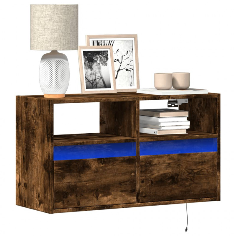 Ścienna szafka TV z LED, przydymiony dąb, 80x31x45 cm