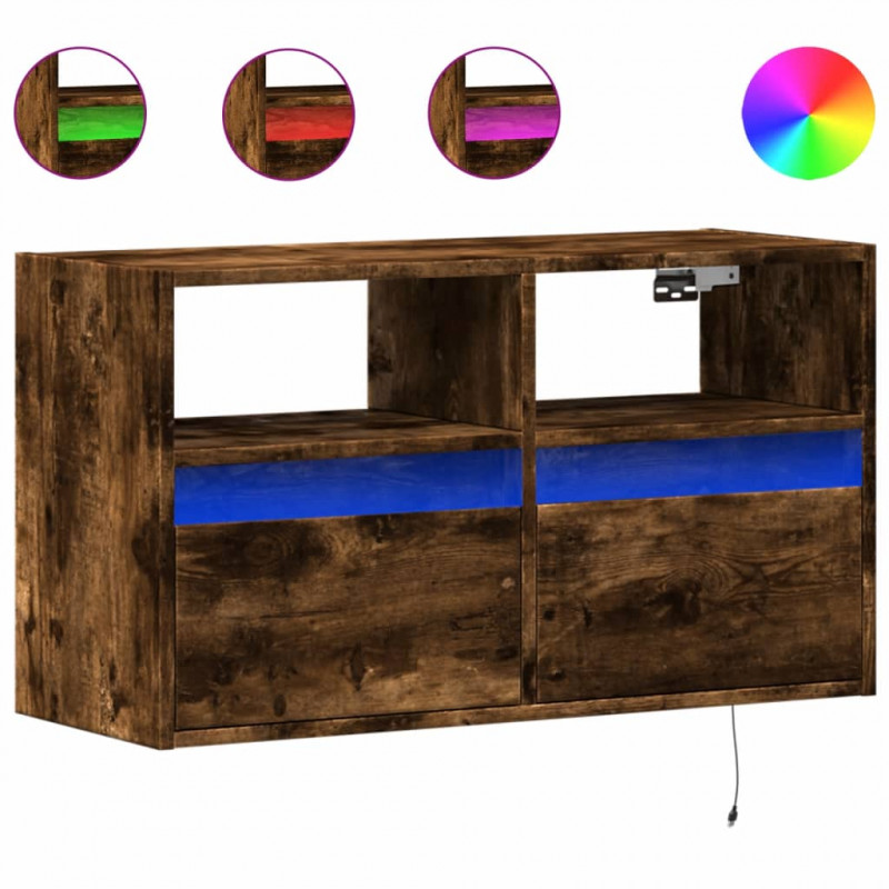 Ścienna szafka TV z LED, przydymiony dąb, 80x31x45 cm