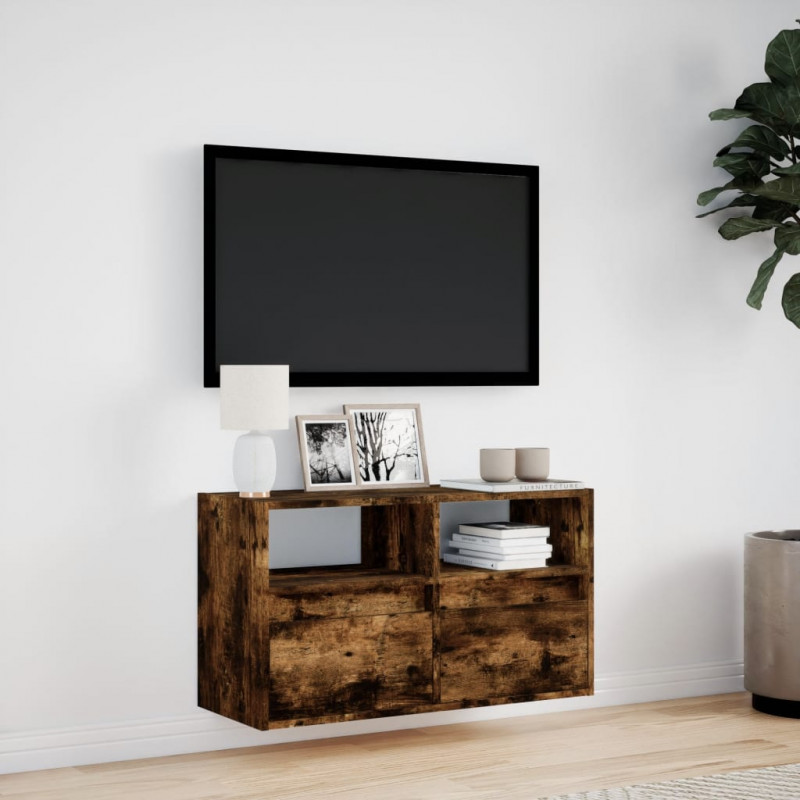 Ścienna szafka TV z LED, przydymiony dąb, 80x31x45 cm