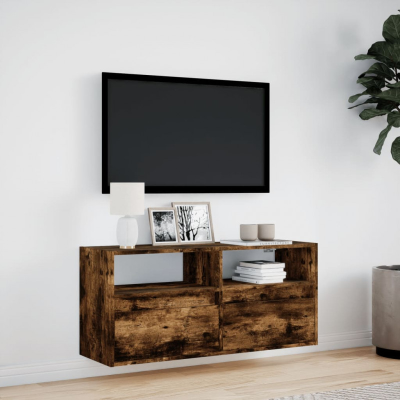 Ścienna szafka TV z LED, przydymiony dąb, 100x31x45 cm