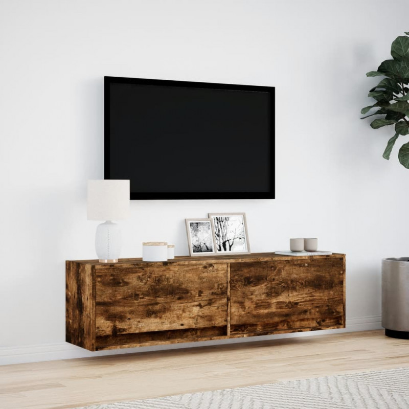 Ścienna szafka TV z LED, przydymiony dąb, 140x31x38 cm