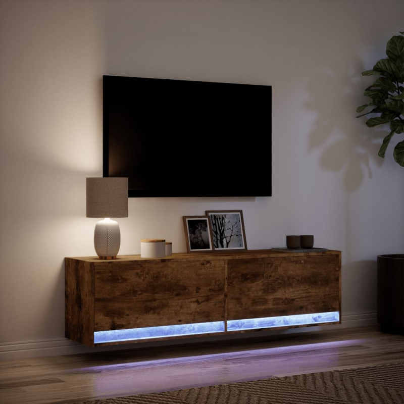 Ścienna szafka TV z LED, przydymiony dąb, 140x31x38 cm