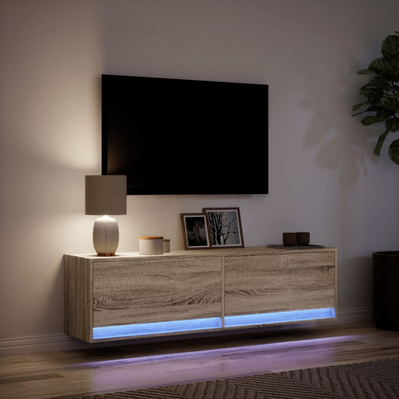 Ścienna szafka TV z LED, dąb sonoma, 140x31x38 cm