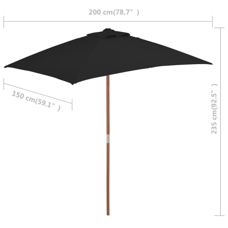 Parasol ogrodowy na drewnianym słupku, czarny, 150x200 cm