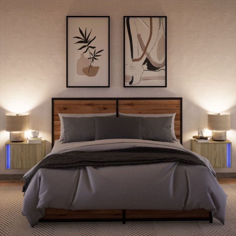 Wiszące szafki nocne z LED, 2 szt., dąb sonoma