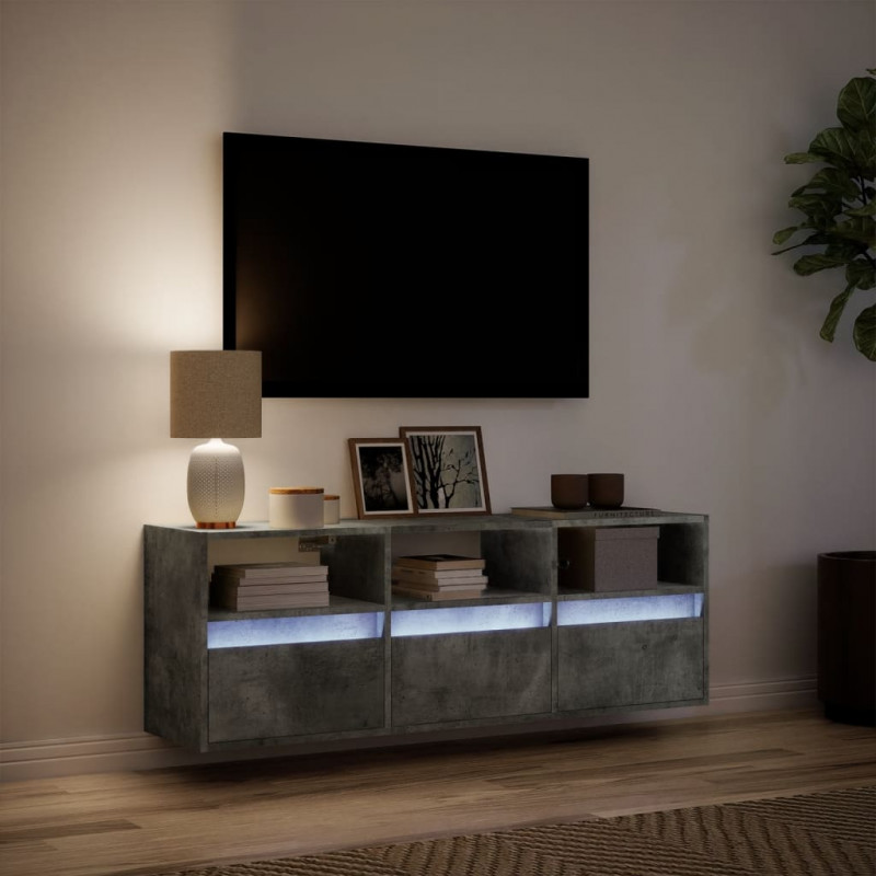 Ścienna szafka TV z LED, szarość betonu, 130x31x45 cm