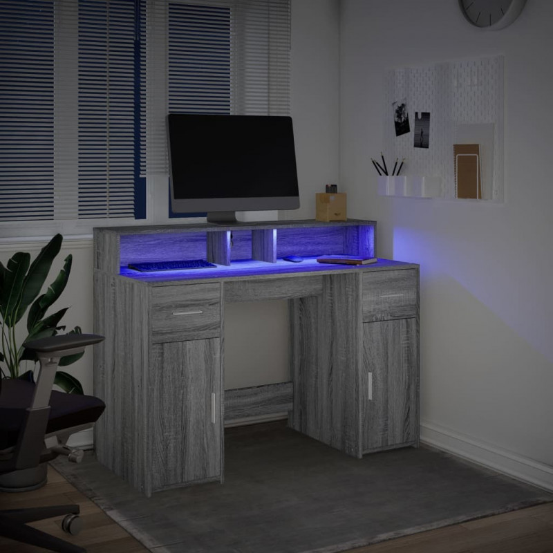Biurko z podświetleniem LED, szary dąb sonoma, 120x55x91 cm