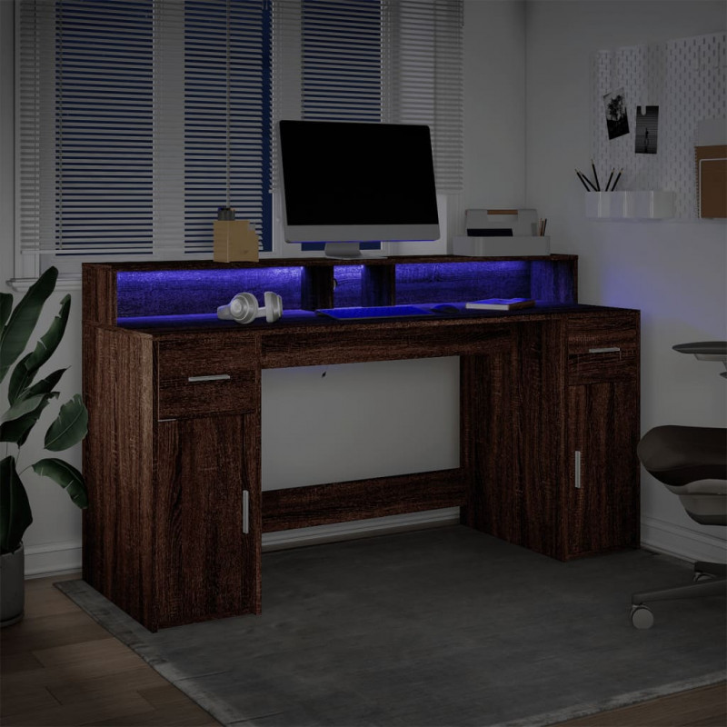 Biurko z podświetleniem LED, brązowy dąb, 160x55x91 cm