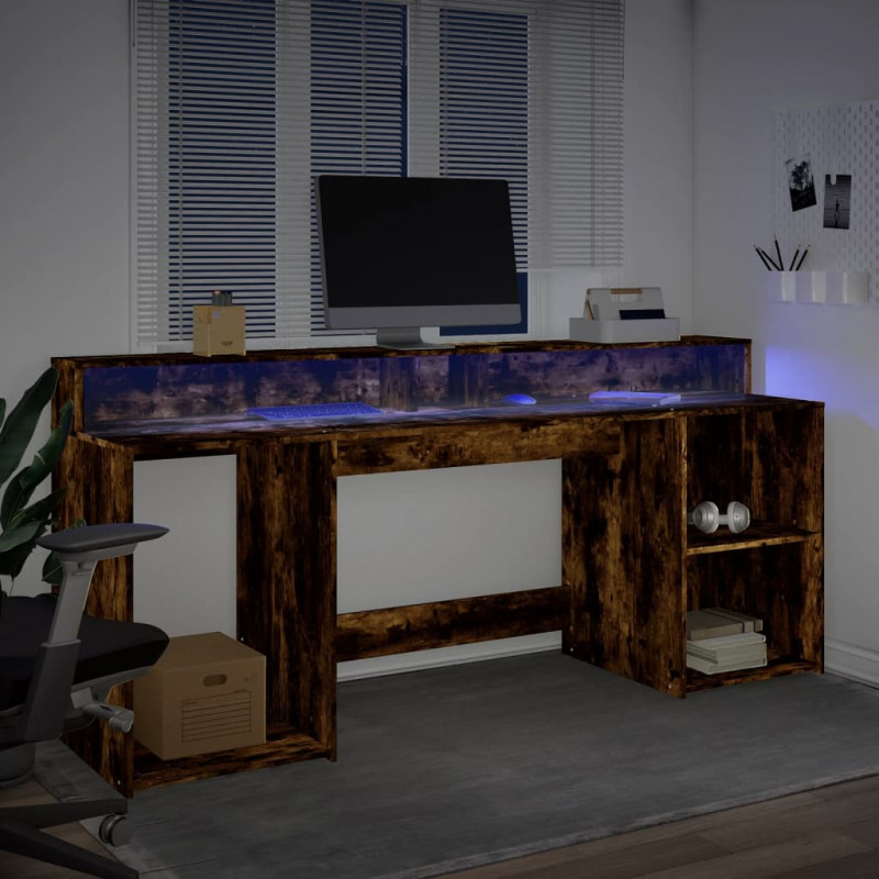 Biurko z podświetleniem LED, przydymiony dąb, 200x55x91 cm