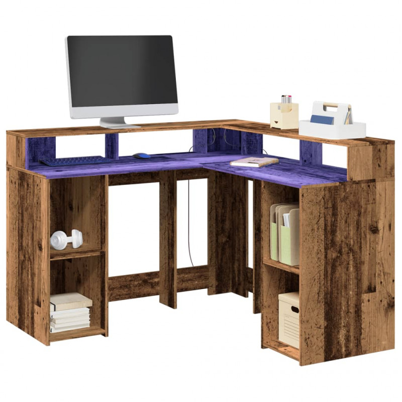 Biurko z podświetleniem LED, stare drewno, 130x130x91 cm
