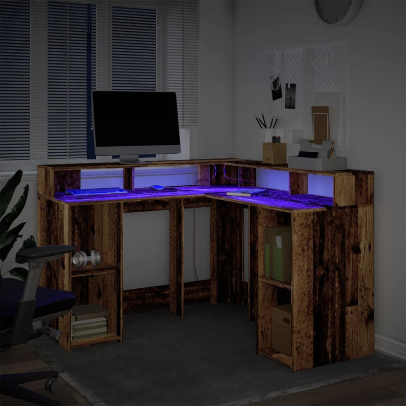 Biurko z podświetleniem LED, stare drewno, 130x130x91 cm