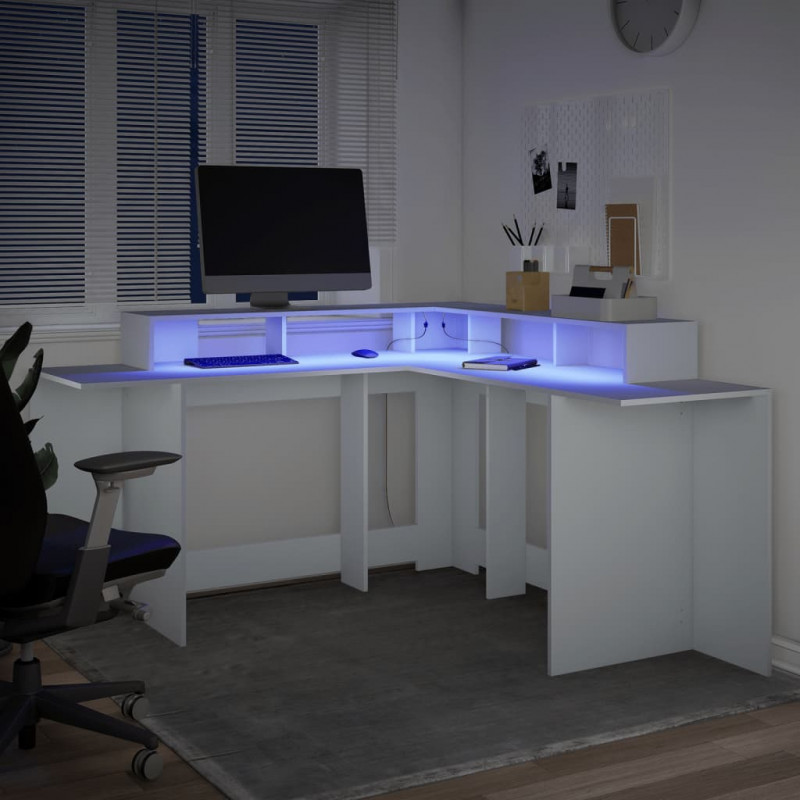 Biurko z podświetleniem LED, białe, 152x152x91 cm