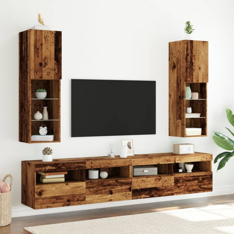 Szafki TV, z LED, 2 szt., stare drewno, 30,5x30x102 cm