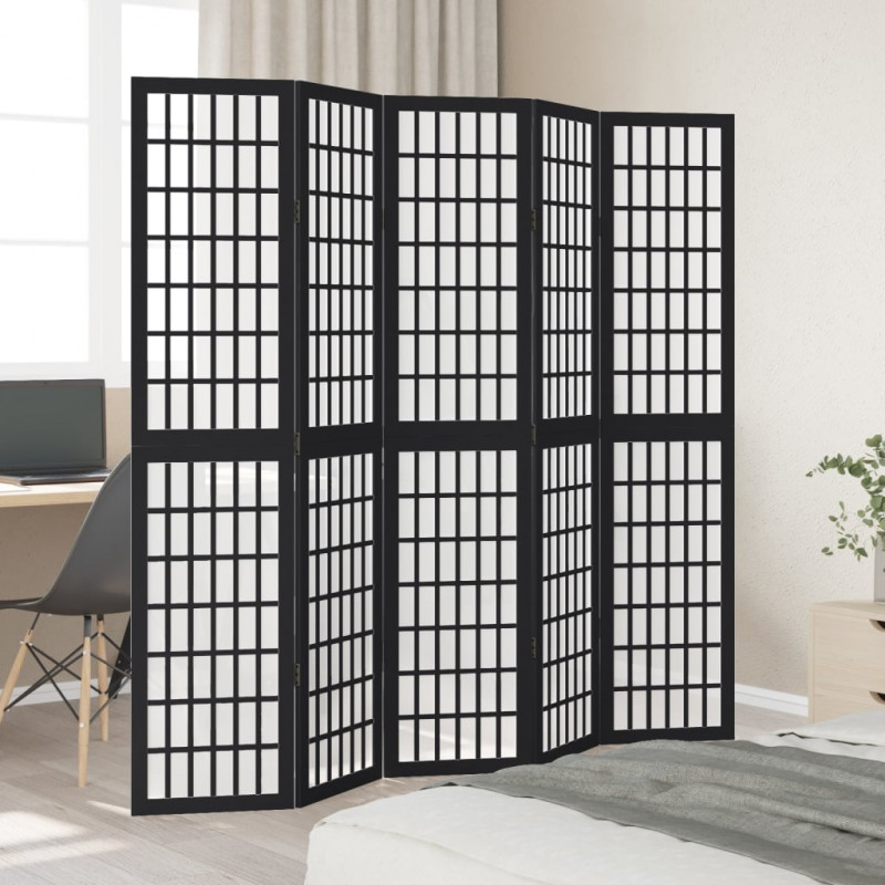 Parawan pokojowy, 5-panelowy, czarny, lite drewno paulowni