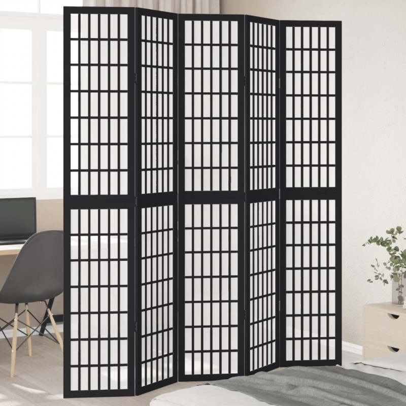 Parawan pokojowy, 5-panelowy, czarny, lite drewno paulowni